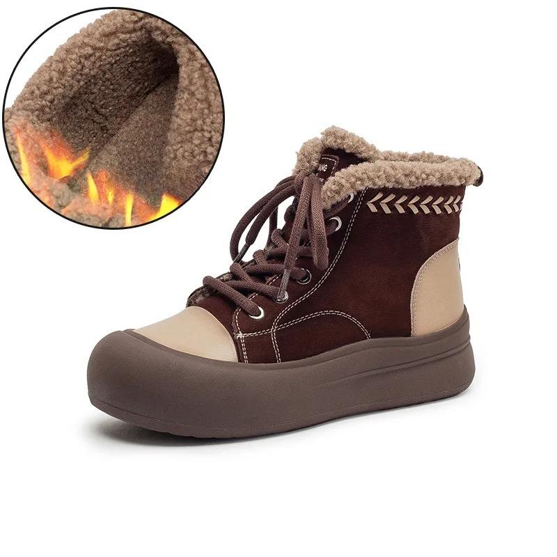 Johnature Retro Mixed Colors Plush Warm Short Boots Genuine Leather Thick Soled Women's Shoes