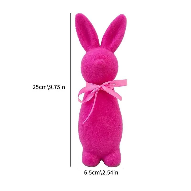 Standing Easter Bunny Decor with Bow Flocked Rabbit Figurine - Premium Material Craft Cute Design Festive Atmosphere Decoration