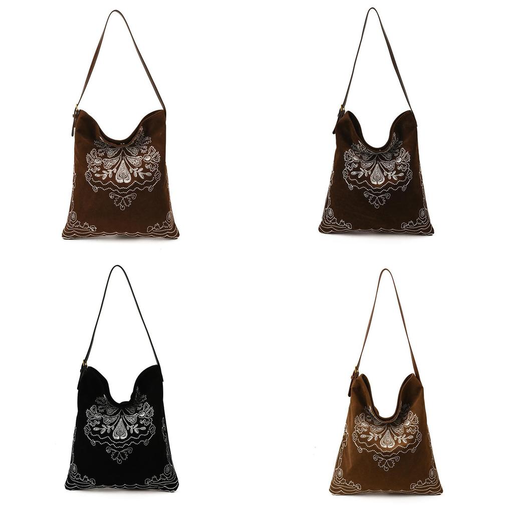 Retro Suede Leather Handbag For Women With Large Capacity And Embroidered Style