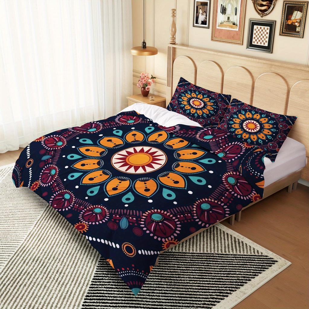 3pcs Bohemian Mandala Duvet Cover Set - Navy Blue Floral Medallion Bedding with Zip Closure, Machine Washable Polyester, Perfect