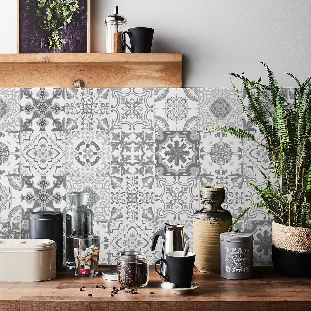 24Pcs Gray Moroccan Wall Sticker Art Water-Repellent Vinyl Peel And Stick Tile Sticker Home Decor Kitchen Bathroom