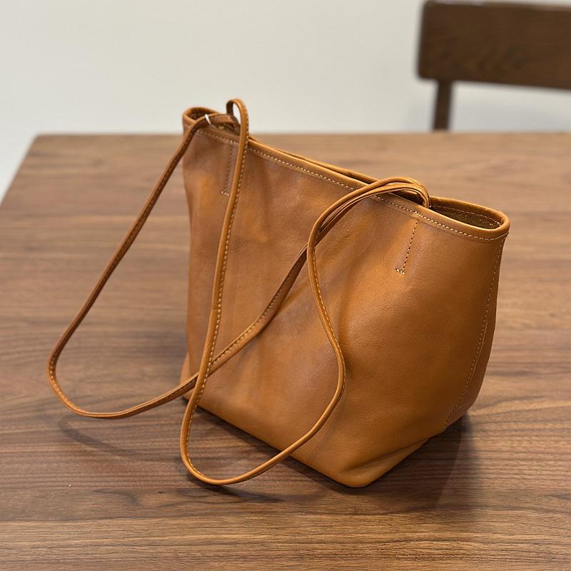 Johnature Retro Genuine Leather Tote Bag Versatile Commuting Solid Color Soft Leather Women's Shoulder Bag