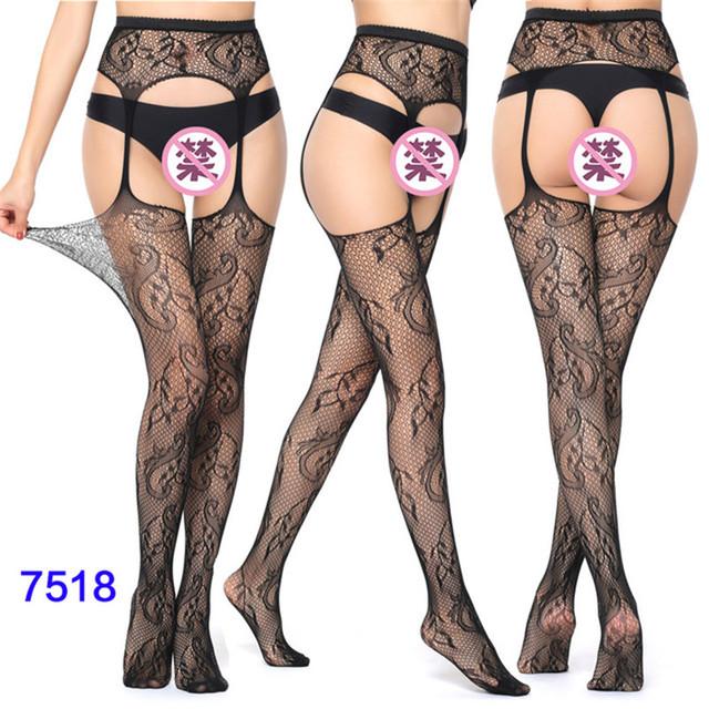 Sexy Lingerie Women's Fishnet Stockings With Garter Belt Summer Thin Lace Patterned Mesh Tights Female Black Suspender Pantyhose