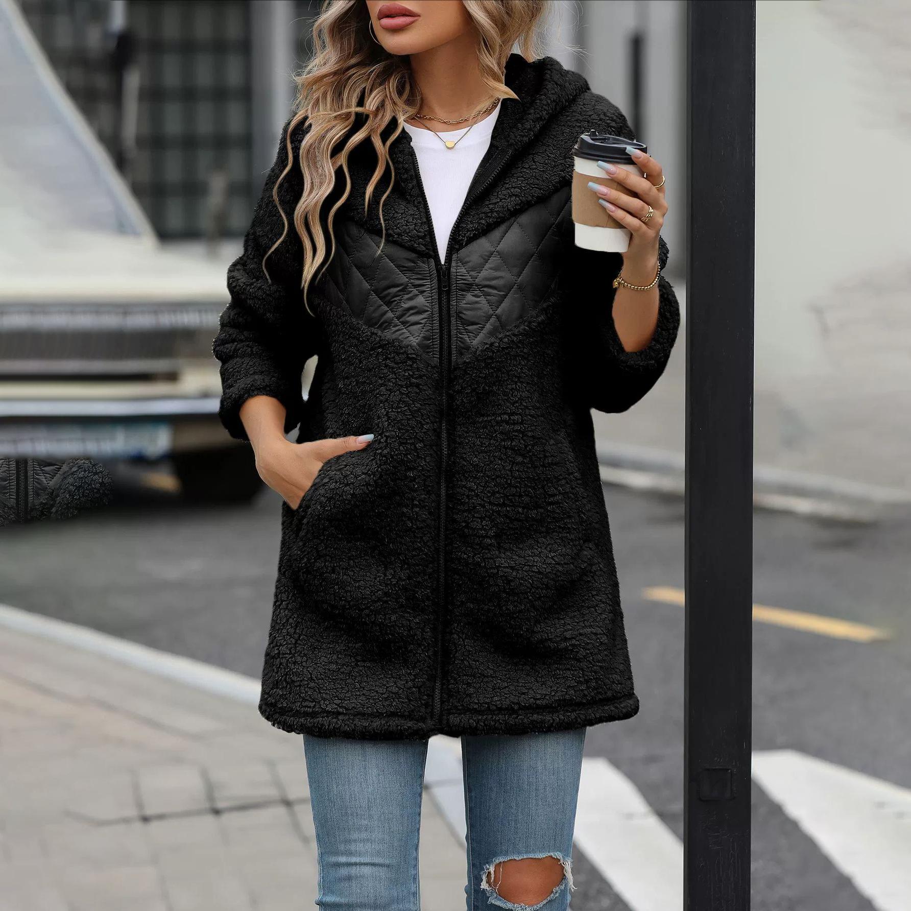 

Женский осенне-зимний кардиган с капюшоном средней длины на молнии свободная плюшевая куртка женская S чёрный
