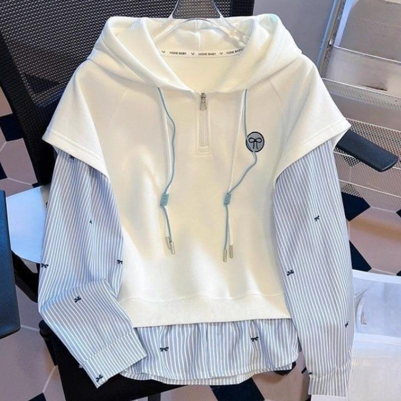 

Полосатое худи женское из двух частей с молнией до середины, с длинными рукавами и капюшоном на шнурке, женские пуловеры, осень, новая модная свободная женская толстовка S белый
