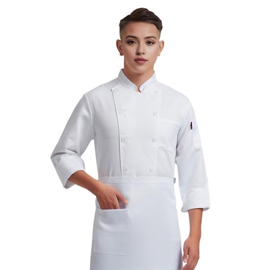 Unisex-Kochuniform mit Brusttasche, Stehkragen, langärmelig, zweireihig, Kochhemd