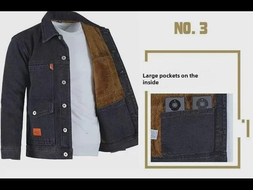 Men's Denim and Velvet Thickened Windproof Winter Coat, Warm and Wear-Resistant, Large Sizes Available