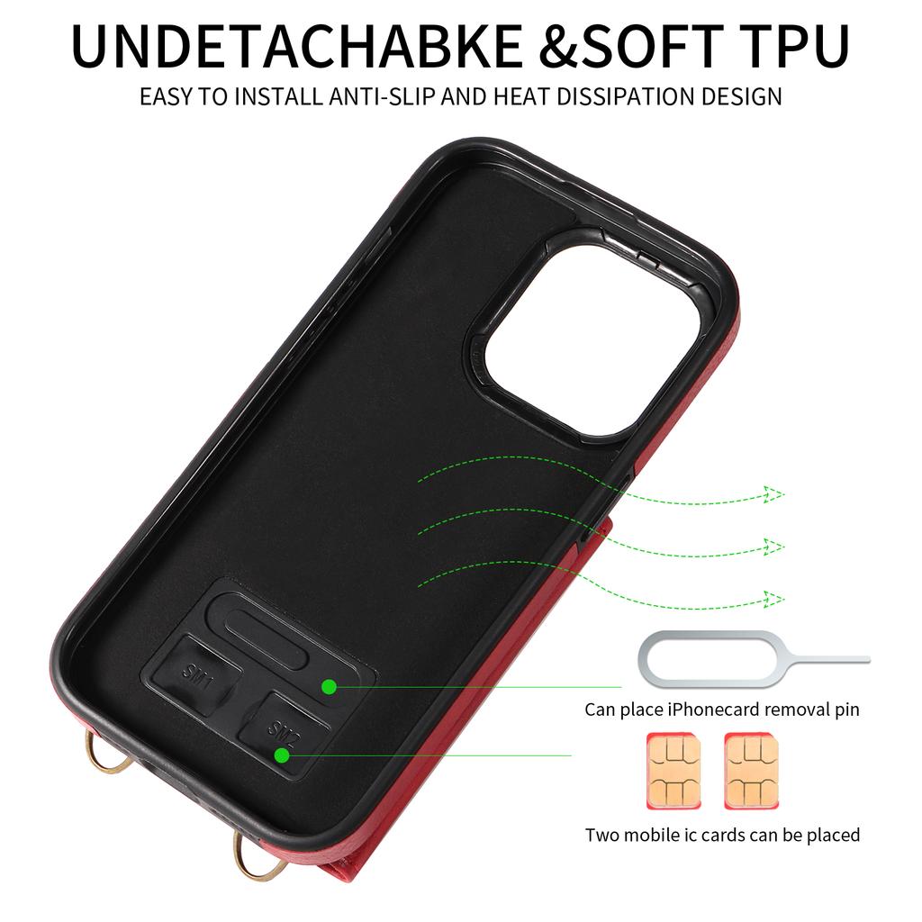 Para iPhone 16 Series.para iPhone 16,16 Plus,16 Pro,16 Pro Max Alça de Ombro Corda Anel Suporte Design Slots para Cartão Padrão Lichee Capa para Telefone