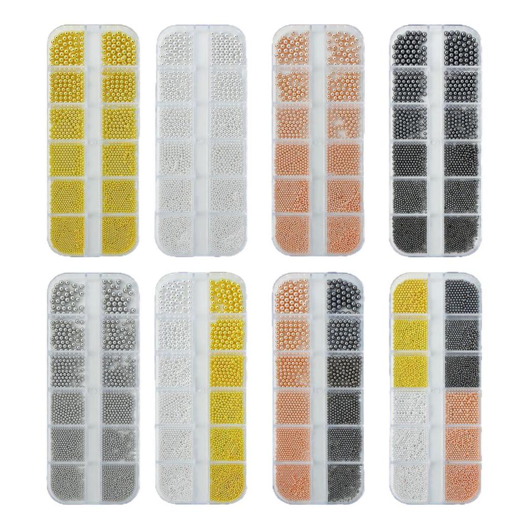 Luxury Mix: Cross-border Steel Beads & Metal Nail Ornaments Set in Gold, Silver, Rose Gold – 12 Long Strips, Mixed Sizes