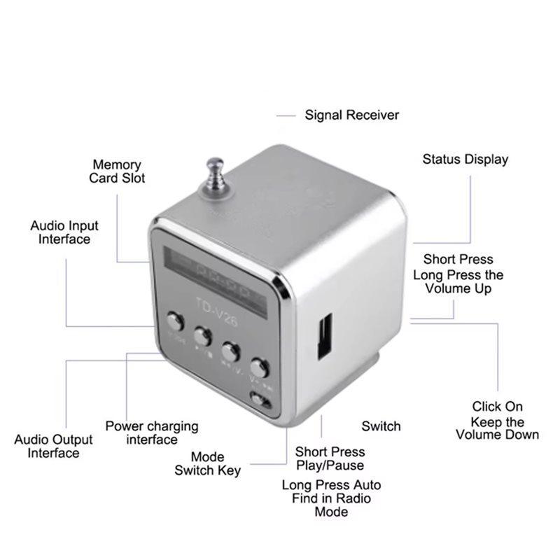 Portable TD-V26 Digital Fm Radio Receiver Wireless Speaker Mini FM Radio LED Loudspeaker MP3 Support SD/TF Card