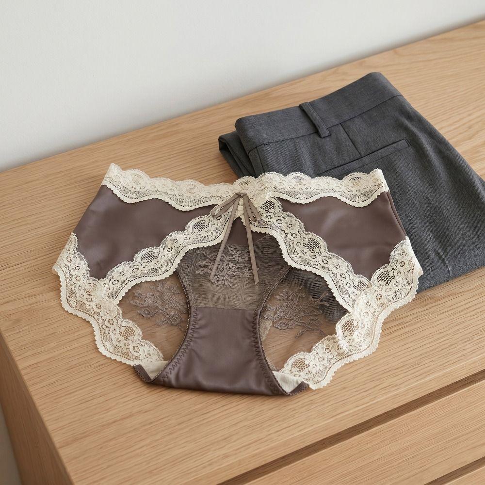 Panty Mid Waist Lace Satin Panties Mesh Sweet Bow Briefs Patchwork Invisible Underwear For Women Women
