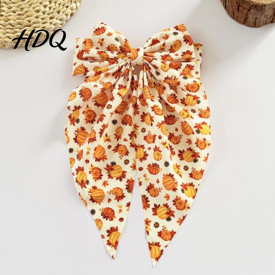 Autumn Hair Accessories with Ribbon Fall Pumpkin Maple Leaf Bows for Women Girls Pinecone Clips Large Bowknot Elegant Retro Pastoral Style