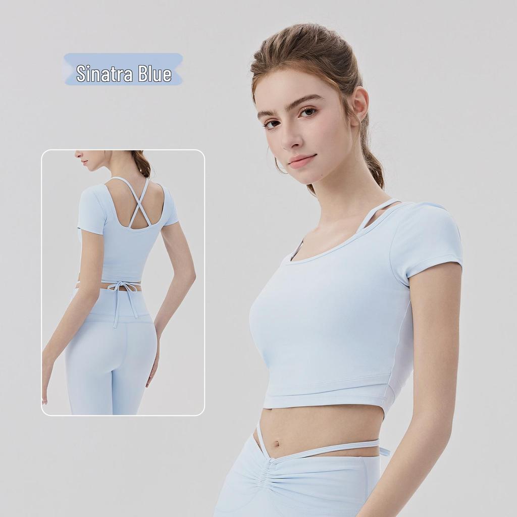 Women's Cooling Yoga Suit: Short Sleeve Top with Built-in Bra & Draping Tie-up Micro Flare Pants Set