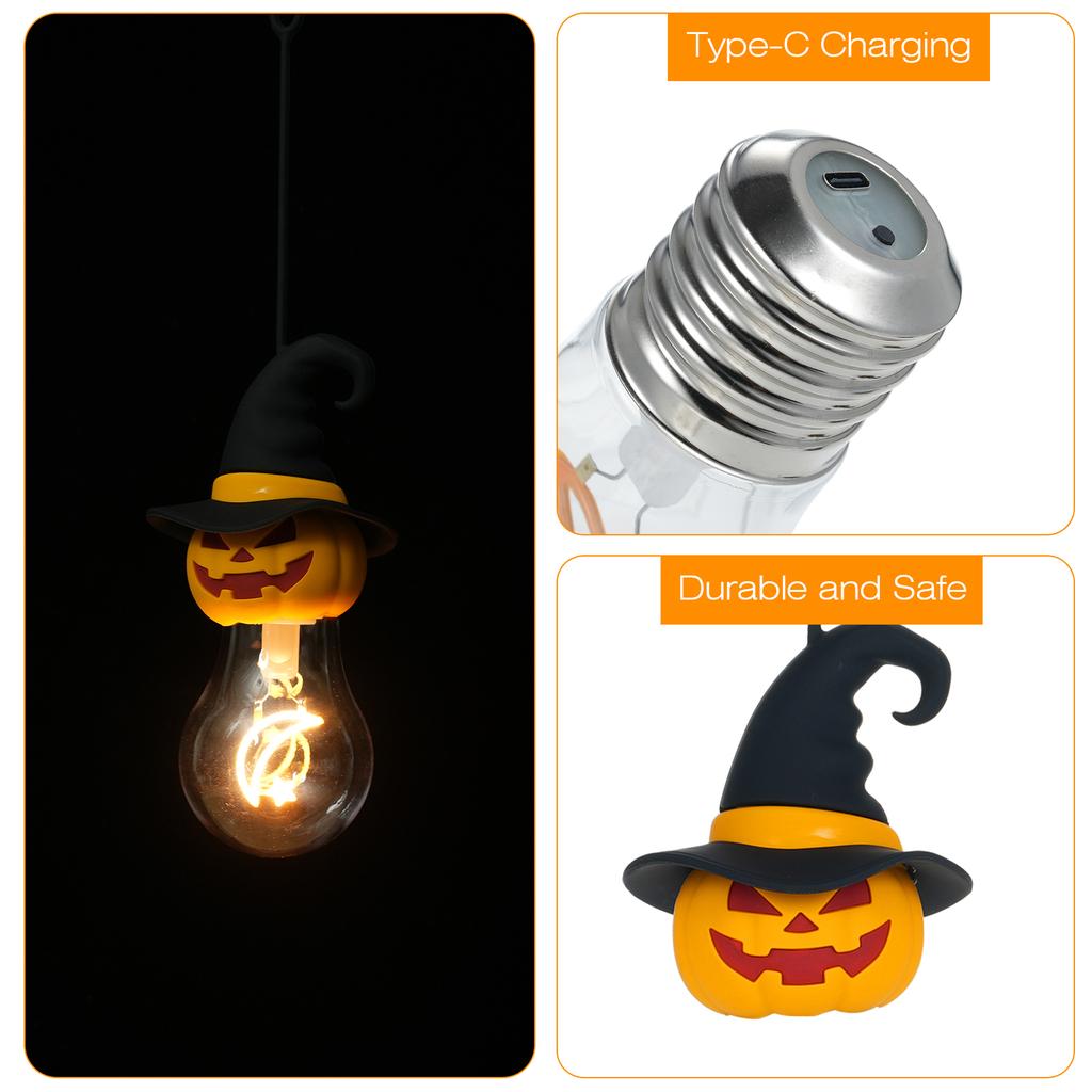 Halloween Decorative Light Bulb Rechargeable Light Bulb with Silicone Hanging Rope Pumpkin Head