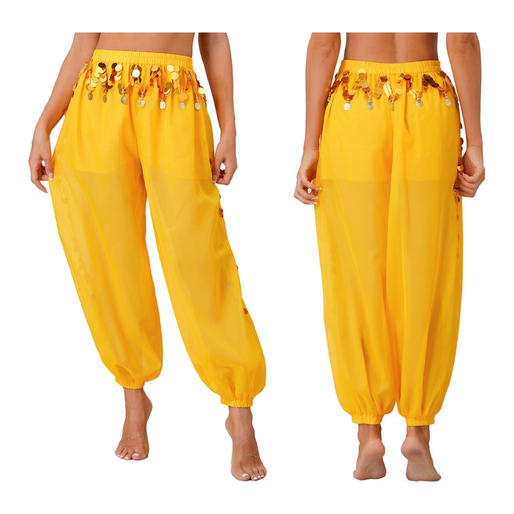 Bauchtanz-Kostüm für Damen, Laternenhose, seitlich geteilte Pailletten, glänzende Haremshose, arabische Halloween-Hose
