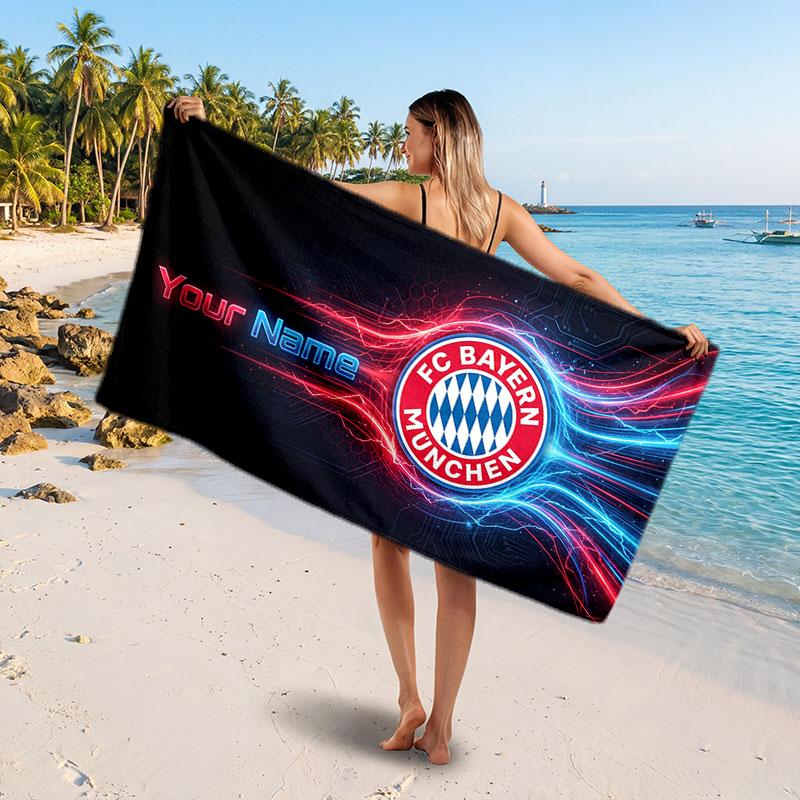 FC Bayern München Benutzerdefiniertes Strandtuch, Personalisierter Namens-Textdruck, Fußball-Logo Weiches Schnelltrocknendes Handtuch Urlaubsgeschenk