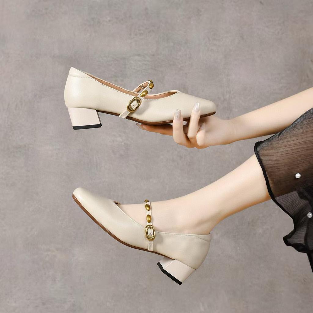 Square head thick heel Mary Jane shoes one-button golden beans shallow mouth single shoes women's medium heel cowhide high heels