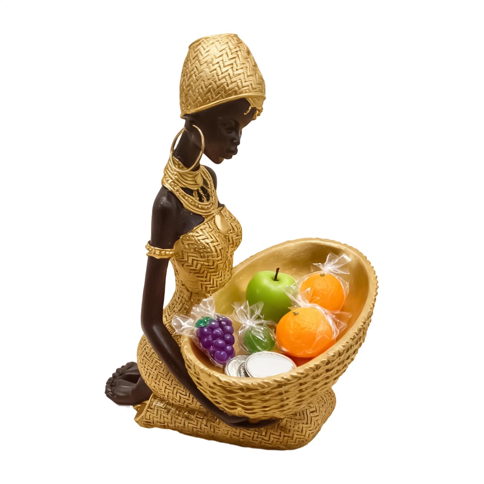 Ручная работа Африканская сидящая женская скульптура Золото Черные фигурки Держащие корзину Смола Винтажная племенная женская скульптура Декор CN