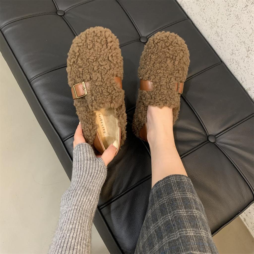Mao Mao shoes women wear new winter velvet warm one pedal bean shoes lamb wool cotton shoes