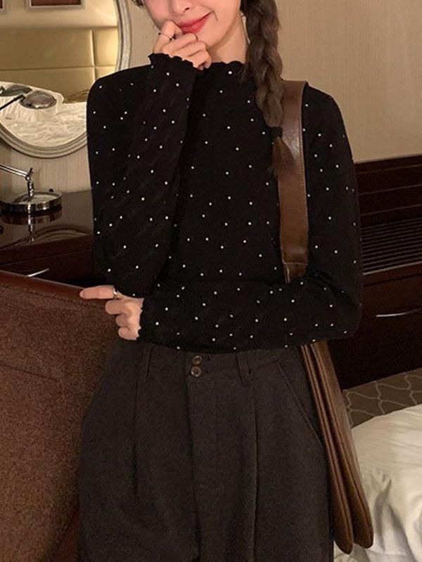 Women's Black Fungal Collar Polka Dot Base Shirt, Autumn/Winter Long-Sleeve Korean Style Top