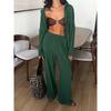 Women's 2-piece Solid Color Cardigan With Pocket Fashion Casual Wide Leg Pants Set European American Trendy Outfit