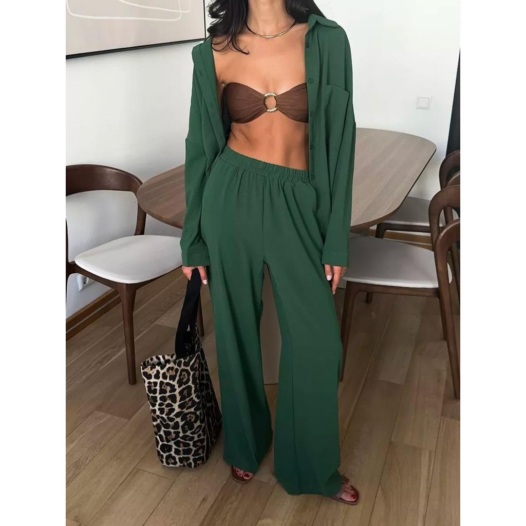 Women's 2-piece Solid Color Cardigan With Pocket Fashion Casual Wide Leg Pants Set European American Trendy Outfit