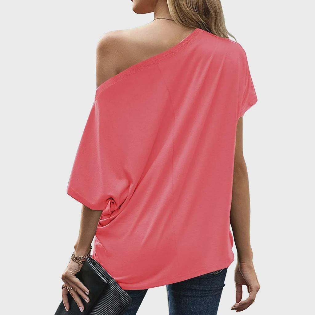 Women's Irregular One-Shoulder Solid Color Loose Short-Sleeved Top