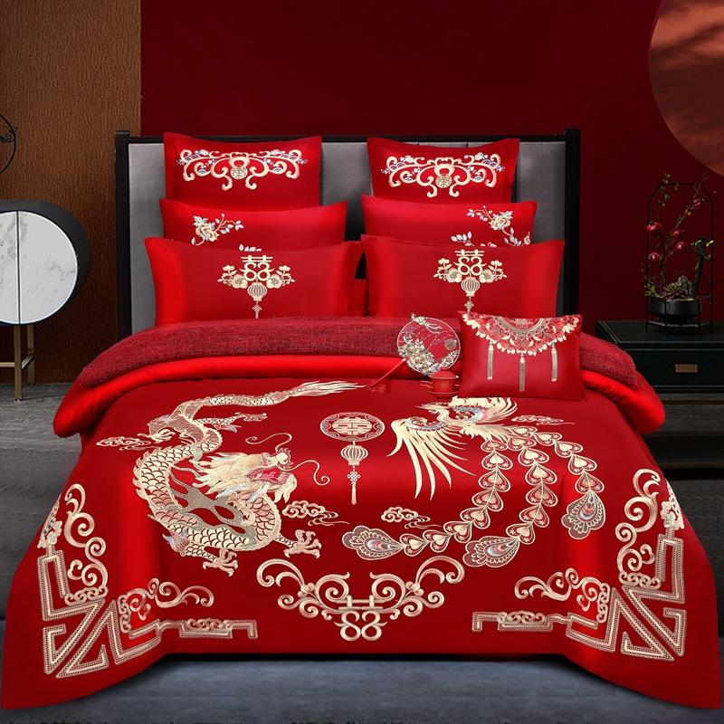 Vierteiliges Hochzeitsset aus Baumwolle, mehrteiliges Set aus reiner Baumwolle, verdickt, gebürstet, chinesische Hochzeit, Schwerindustrie, Stickerei, Hochzeitsset