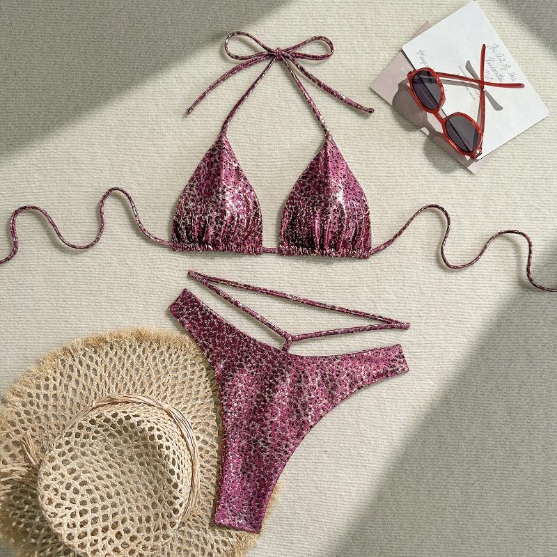 Sexy Shiny Leopard Print Drawstring Split Two Piece Bikini Swimsuit For Women