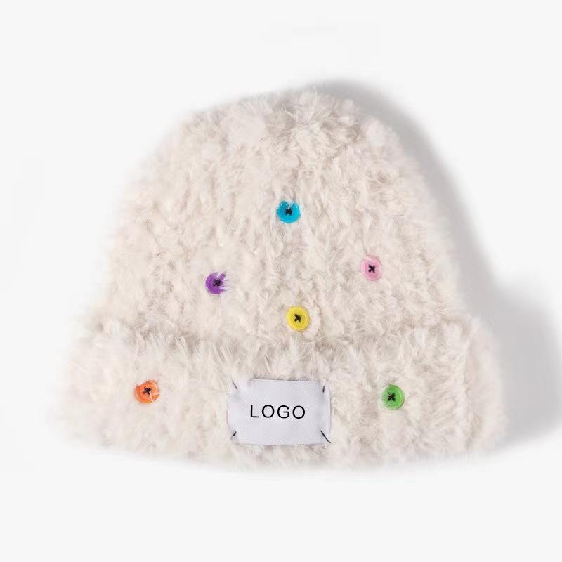 

Женская осенне-зимняя толстая теплая меховая вязаная шапка с цветными пуговицами и шерстяная шапка белый