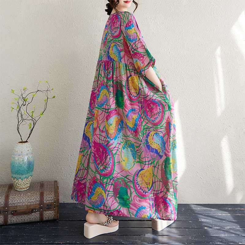 Women's Thin Cotton and Linen Round Neck Short Sleeved Minimalist Long Skirt