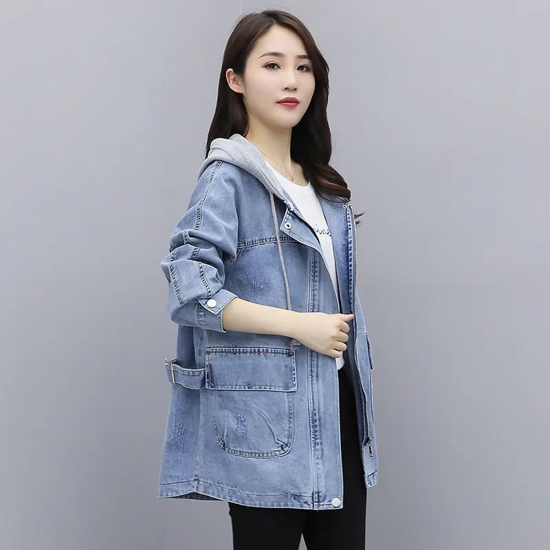 Women's Spring/Fall Mid-Length Causal Drawstring Trench Coat with Large Pockets and Hooded Denim Jacket