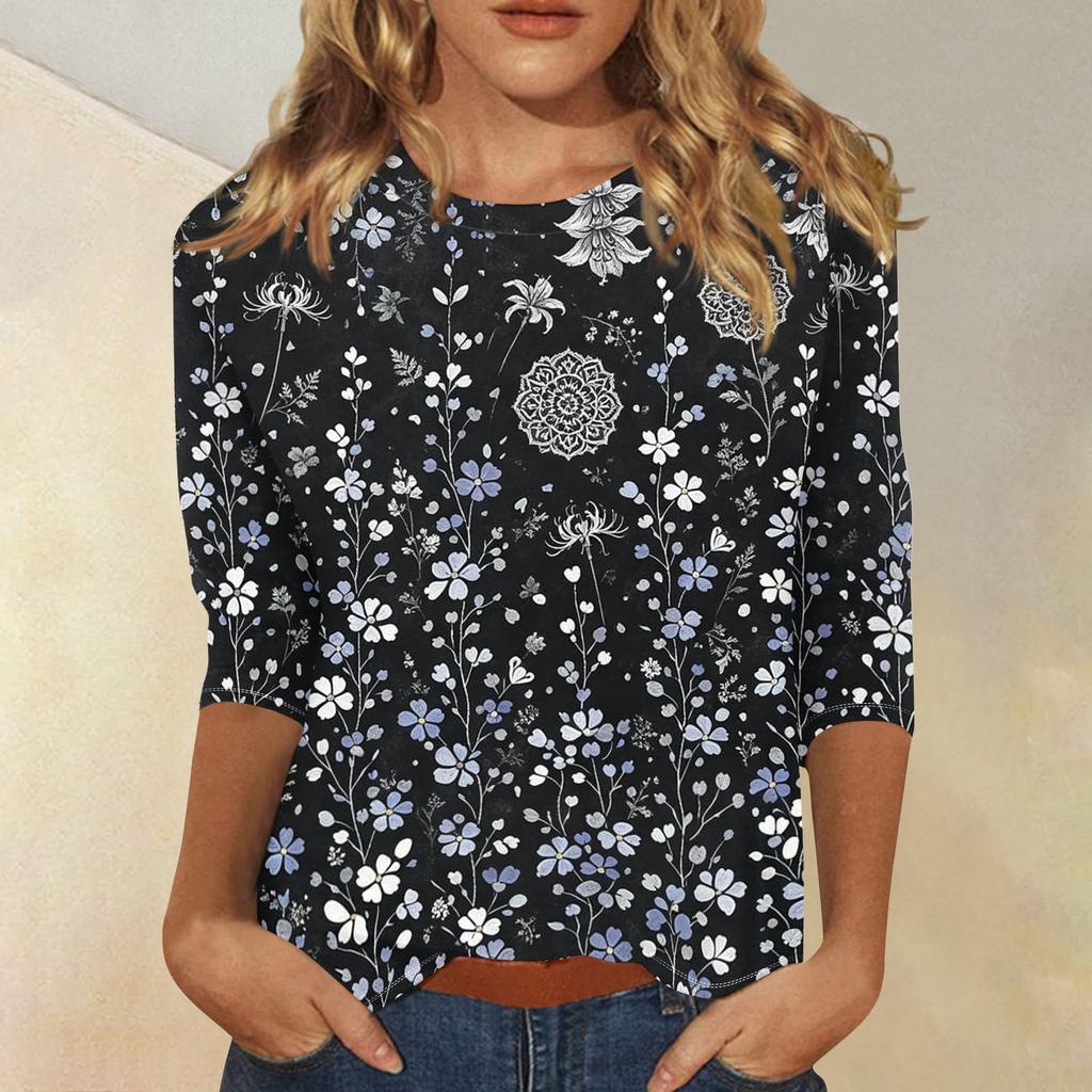 Womens Casual Floral Print Top with Three Quarter Sleeves and Crew Neck Relaxed Fit Lightweight Blouse for Everyday Wear