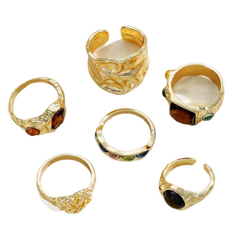 6Pcs/Set Punk Gothic Colorful Crystal Metal Rings for Women Men Geometric Irregular Gold Color Ring Wild Party Jewelry Wholesale