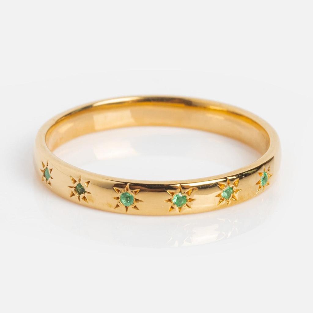 Star Set Emerald Band – Gold Plated Vintage Inspired Ring, Minimalist Unisex Wedding Band, Anniversary Gift Jewelry