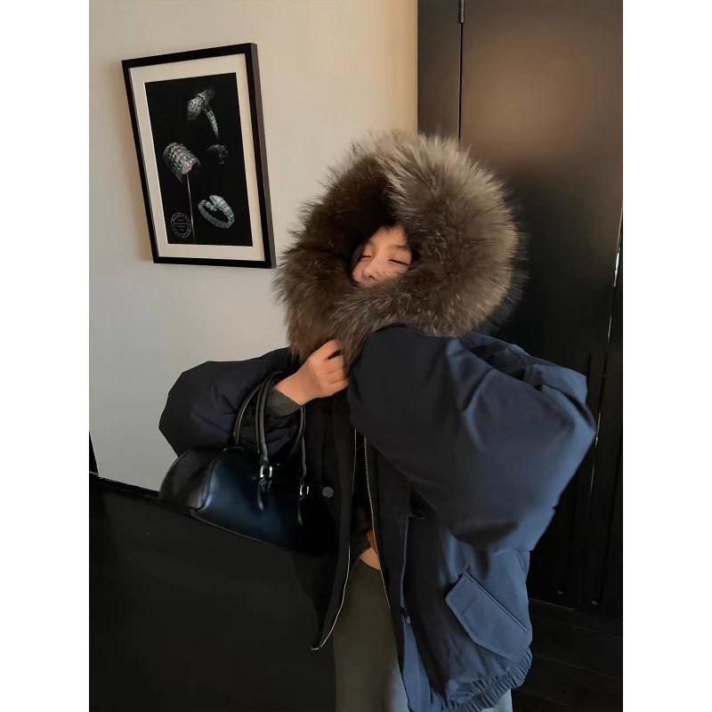 Big fur collar thickened warm versatile horn buckle cotton jacket women's winter loose short hooded tooling pie overcome