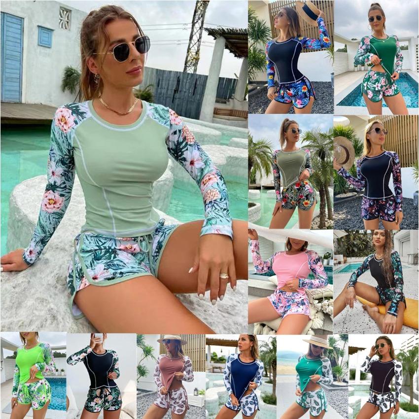 2026 New Women Long Sleeve Rash Guard, Printed UPF Sun Protection Swimsuit, Conservative Square Leg Dive Suit