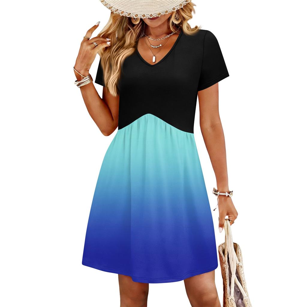 Modisches Damenkleid mit Print, V-Ausschnitt, kurzärmelig, locker, lässig, für den Strandurlaub