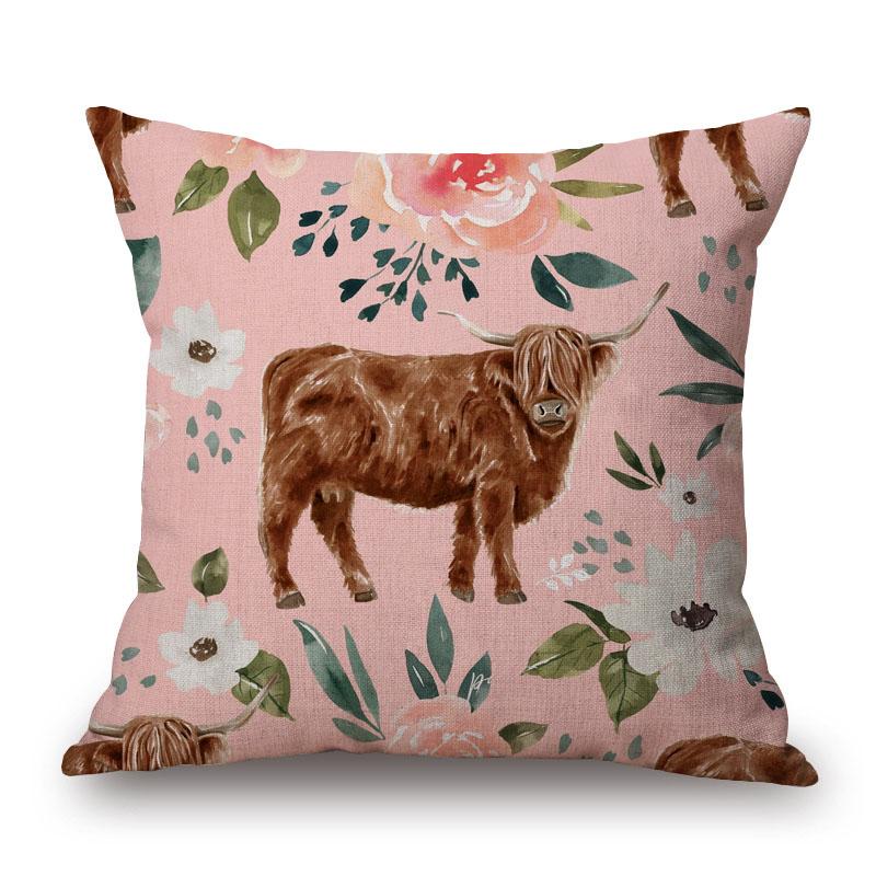 Highland Cows Animals Painting Cushion Covers Flower Blossom Decorative Pillow Case For Sofa Xcm