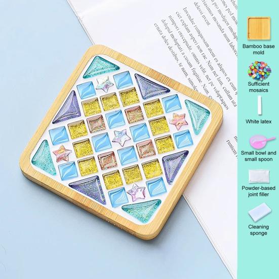 DIY Glass Mosaic Tile Coaster Set Mixed Color Mosaic Kit with Wooden Coaster Kids Adults Handmade Mosaic Crafts Coaster with Accessories