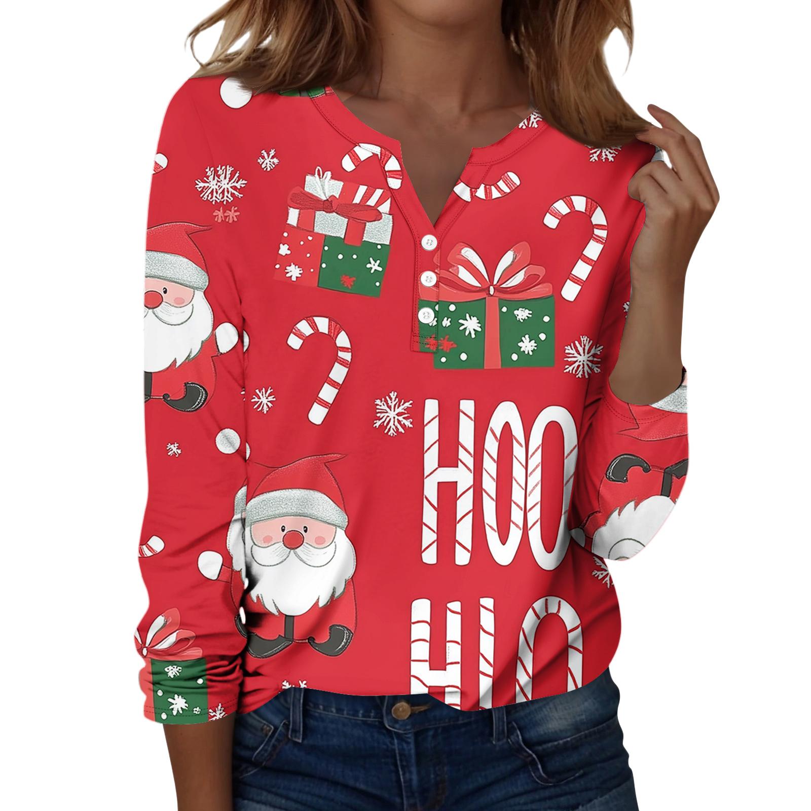 

Женская футболка с рождественским принтом на пуговицах с длинным рукавом, повседневная, выходного дня, модная, базовая, с V-образным вырезом, обычная XXL красный