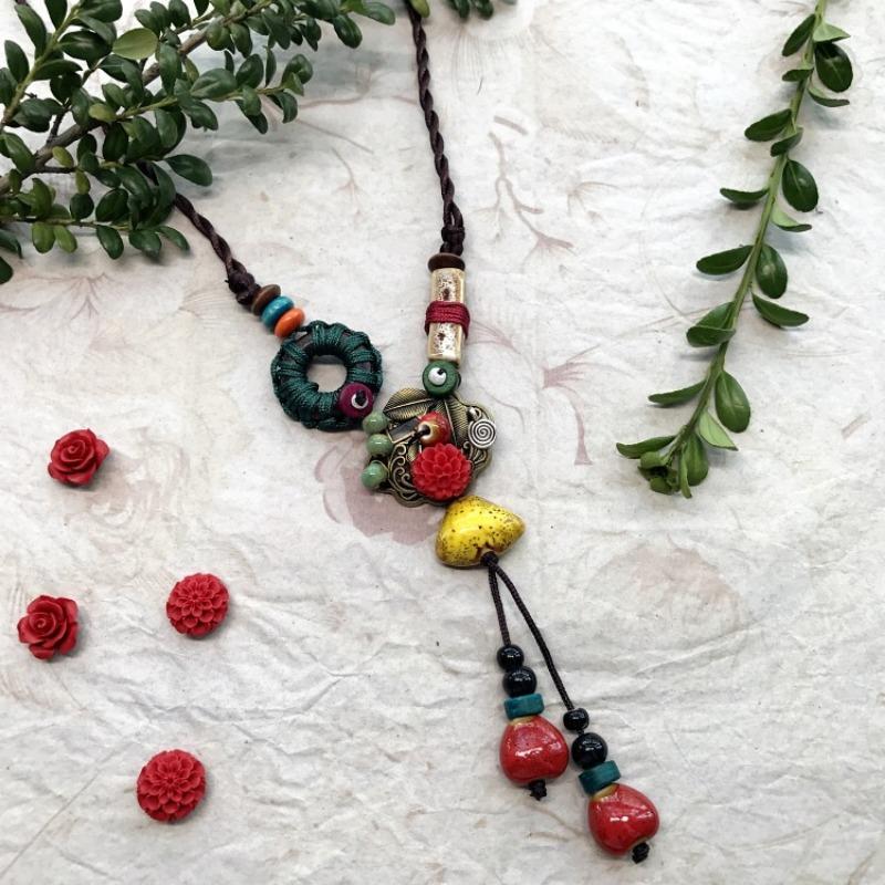 New Forest handmade ceramic necklace, women's retro versatile sweater chain simple long accessories pendant