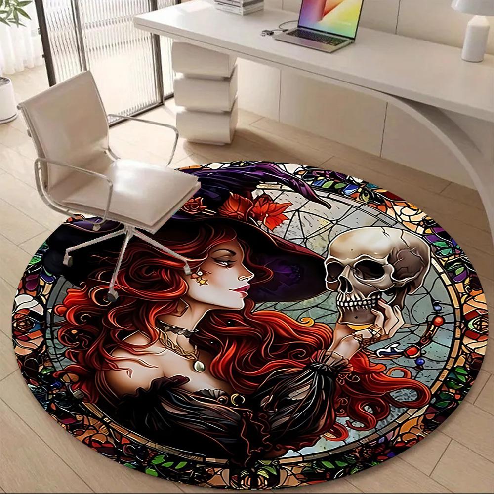 1PC Witch Skull Office Round Area Rug, Mat Suitable For Office, Under Office Chairs Bedroom Living Room Home Decor, Room Deco
