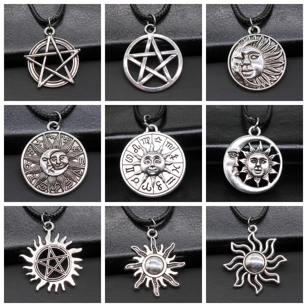 30 Styles Unisex Amulet Wicca Jewelry Gift Sun Moon Star Pentagram Pendant Necklace Black Leather Cord