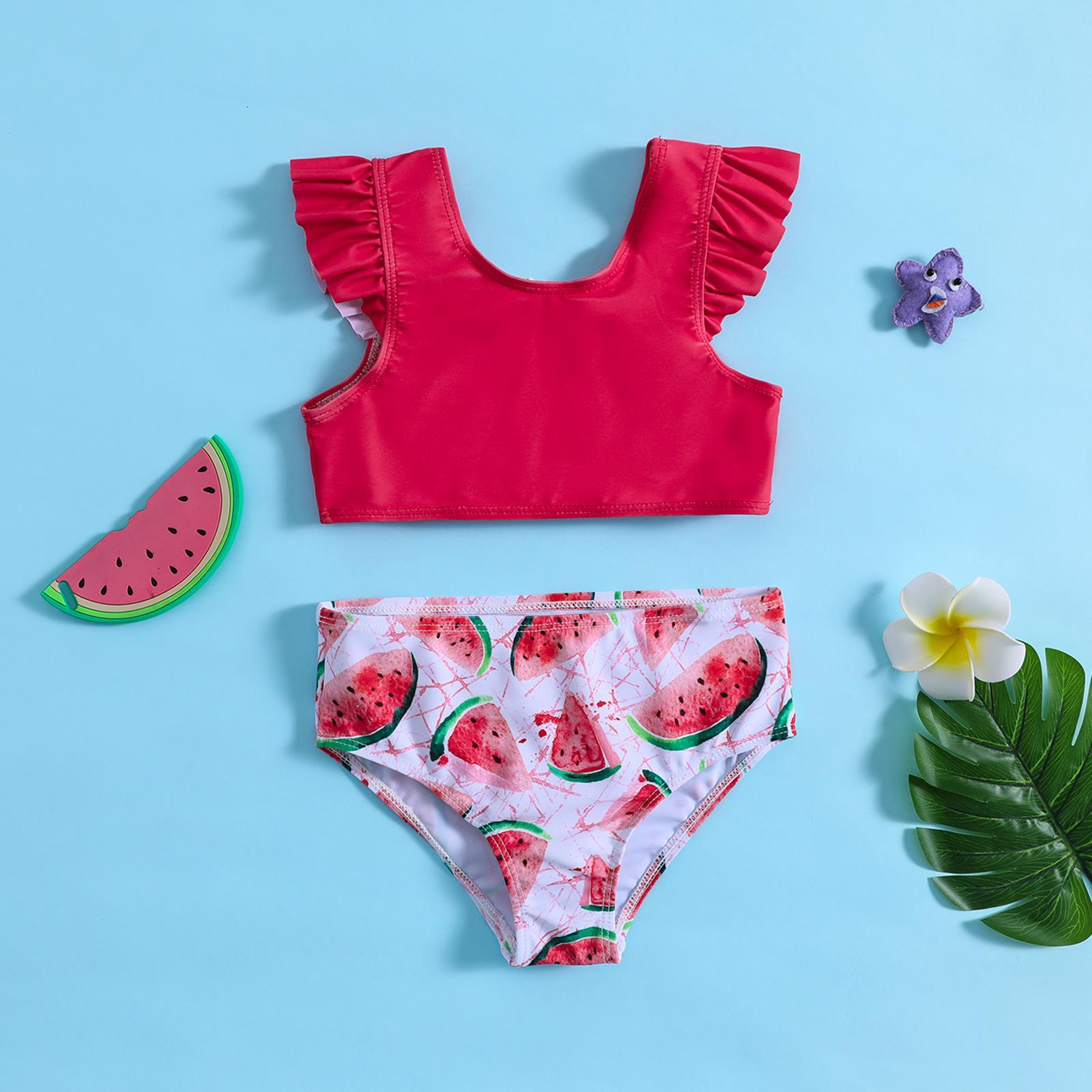 

Детский раздельный пляжный купальник для девочек с арбузом и звездой 90 красный