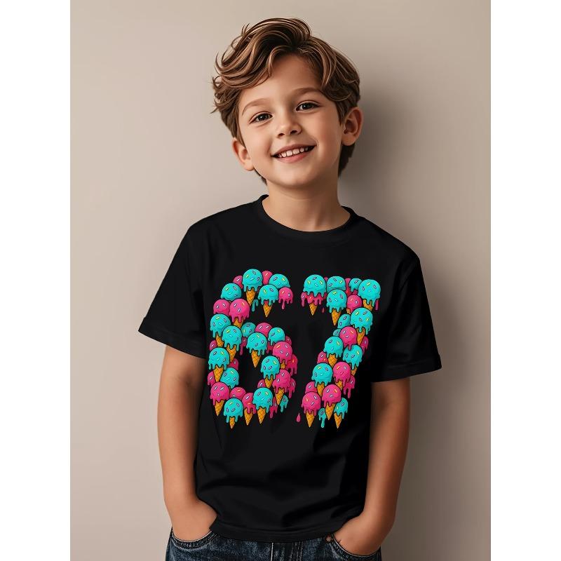 Kids Crewneck Short Sleeve Graphic T-Shirt Design No.67, Colorful Ice Cream Cone Didi Print