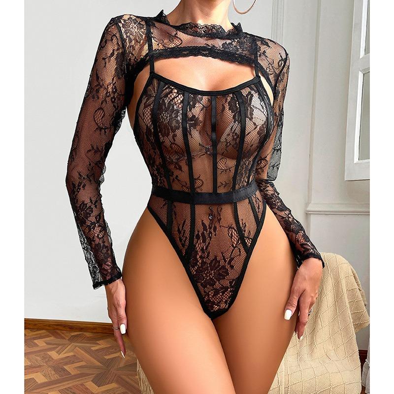 New sexy lace perspective jacquard one-piece long-sleeved shawl lingerie set