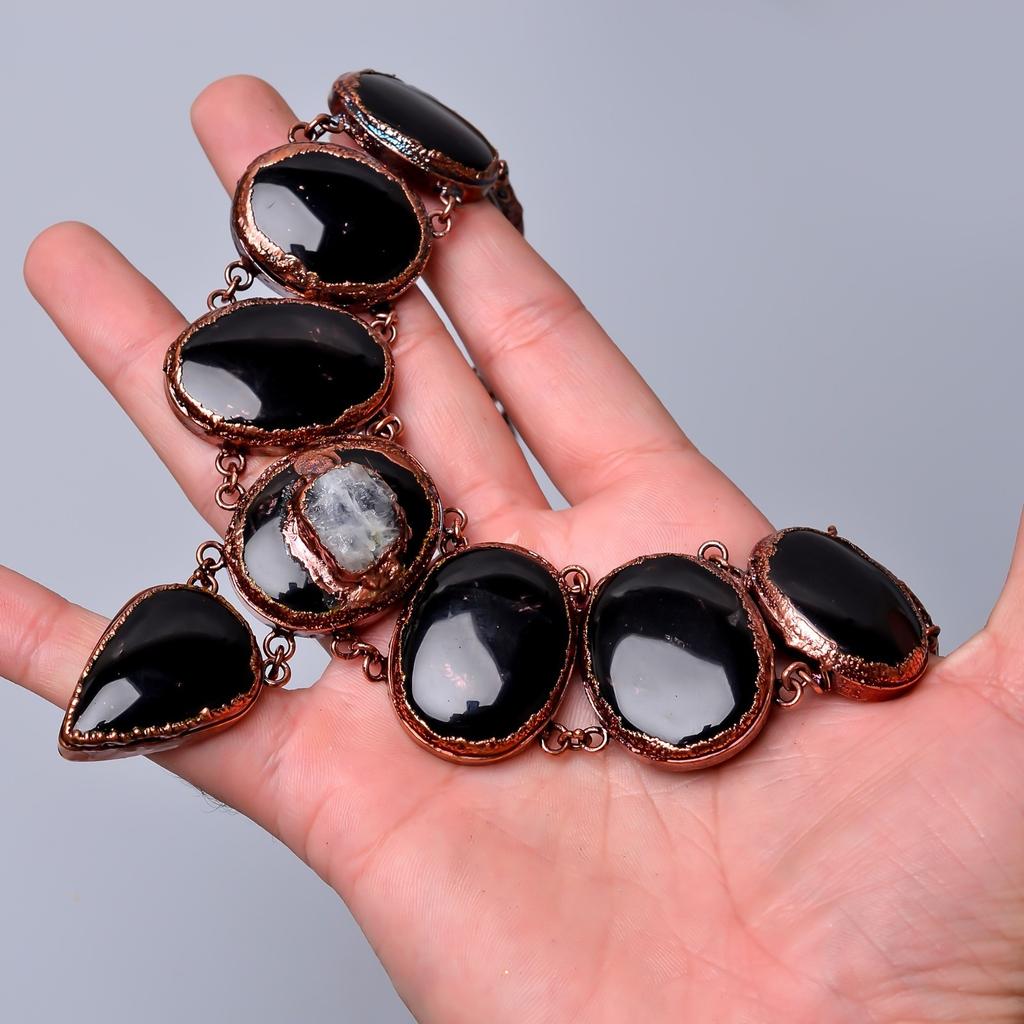 Natural Black Onyx Copper Handcrafted Chain Electroformed Sisters Gift Necklace V-84