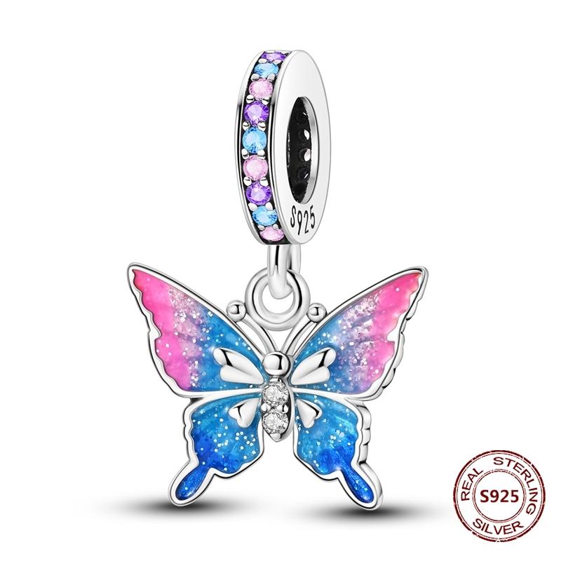 Butterfly Charm copper Authentic Pink Blue Zircon Fly Butterflies Safety Chain Clip Charm Bead Charms Compatible With Bracelets Do It Yourself Jewelle