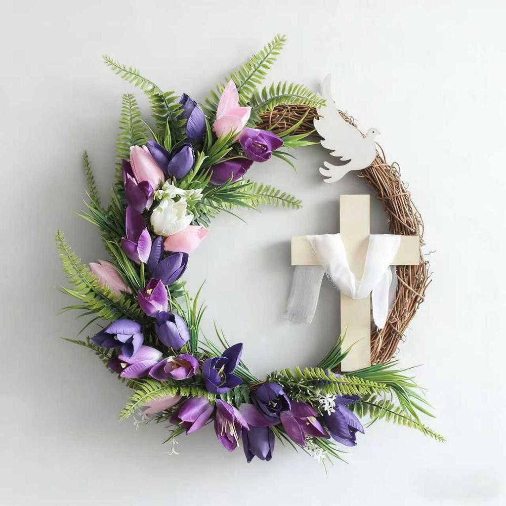 New Easter Cross Wreath With Bow Rattan Ring Garland Hanging Ornament For Home Front Door Wall Garden Decoration Art Gift